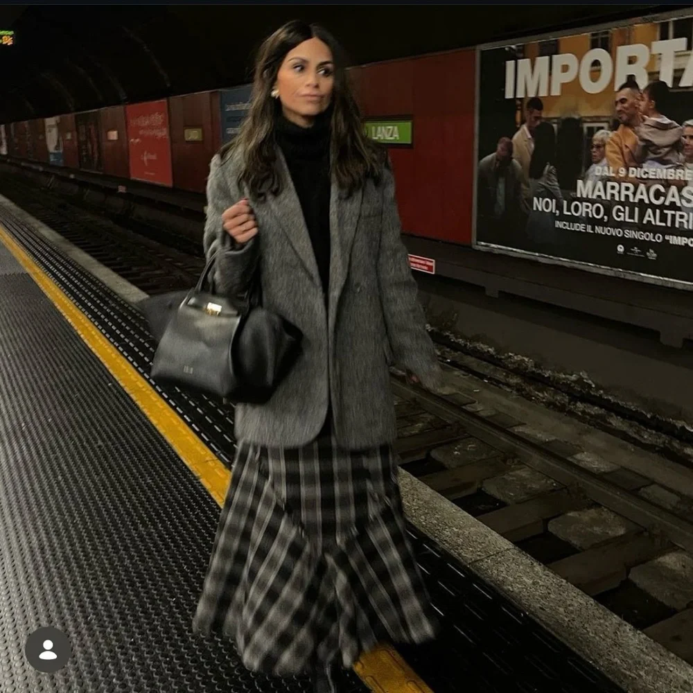 Plaid Check Ruffle Asymmetrical Midi Knee-Length High-Waist Modest Fringe Skirt - Picture 4 of 16